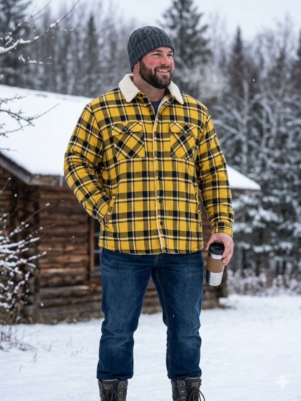 Yellow Plaid Sherpa-Lined Shirt Jacket